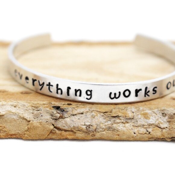 Everything Works Out - Hand Stamped Anodized Aluminum Bangle - Adjustable - Picture 7 of 11